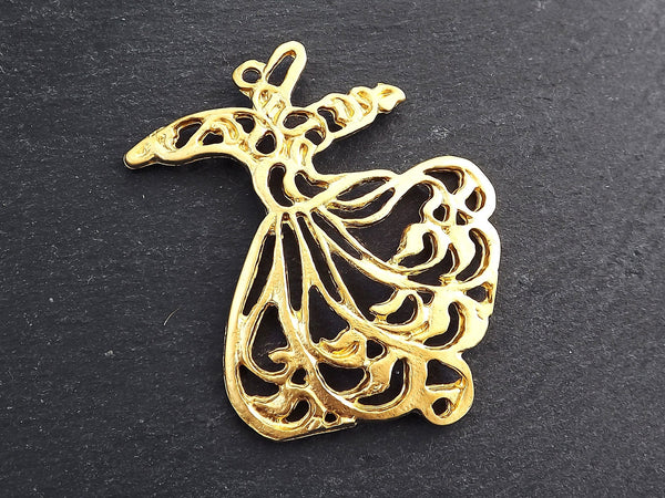 Rumi Whirling Dervish Pendant, Semazen Sufi Pendant, Turning Sama Dance, Farsi Calligraphy, 22k Matte Gold Plated, 1pc