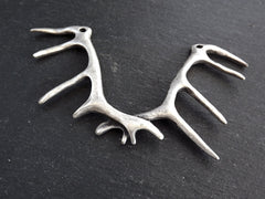 Silver Antler Pendant, Deer Antler Necklace Pendant Connector, Matte Antique Silver Plated, 1PC