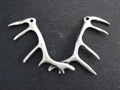 Silver Antler Pendant, Deer Antler Necklace Pendant Connector, Matte Antique Silver Plated, 1PC