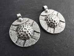 Round Tribal Ethnic Medallion Round Dome Pendants, Matte Antique Silver Plated, 2pc