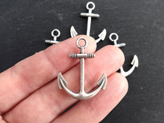 4 Large Anchor Pendant Charms, Anchor Drop Charm, Nautical Charms, Marine Sea Jewelry Supplies, Matte Antique Silver Plated