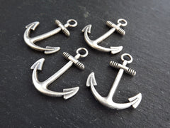 4 Large Anchor Pendant Charms, Anchor Drop Charm, Nautical Charms, Marine Sea Jewelry Supplies, Matte Antique Silver Plated