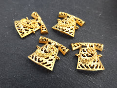 Small Filigree Turkish Ottoman Caftan Connector Pendant Charms, WAW Arabic Letter, 22k Matte Gold Plated - 4pc