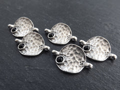 5 Rustic Hammered Warped Disc Charm Connectors with Black Glass Accent, Silver Charm, Bracelet Charm, Boho, Matte Antique Silver Plated