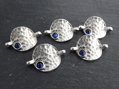 5 Rustic Hammered Warped Disc Charm Connectors with Royal Blue Glass Accent, Silver Charm, Bracelet Charm, Boho, Matte Antique Silver Plated