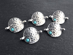 5 Rustic Hammered Warped Disc Charm Connectors with Turquoise Blue Glass Accent, Silver Charm, Bracelet Charm, Matte Antique Silver Plated