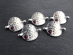 5 Rustic Hammered Warped Disc Charm Connectors with Red Glass Accent, Silver Charm, Bracelet Charm, Boho, Matte Antique Silver Plated