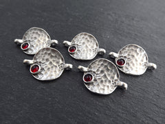 5 Rustic Hammered Warped Disc Charm Connectors with Red Glass Accent, Silver Charm, Bracelet Charm, Boho, Matte Antique Silver Plated