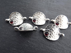 5 Rustic Hammered Warped Disc Charm Connectors with Red Glass Accent, Silver Charm, Bracelet Charm, Boho, Matte Antique Silver Plated