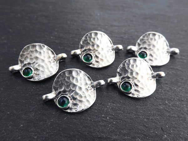 5 Rustic Hammered Warped Disc Charm Connectors with Green Glass Accent, Silver Charm, Bracelet Charm, Boho, Matte Antique Silver Plated