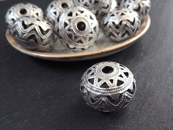 Large Flat Filigree Saucer Bead, lightweight Hollow Statement Spacer, Indian Patterned, Matte Antique Silver Plated, 1pc