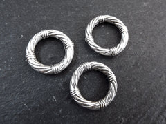 Silver Hoop Charm Pendant, Rope Textured Connector Loop, Gold Ring Link, Closed Link, Jewelry Findings Components, Antique Silver Plated 3pc