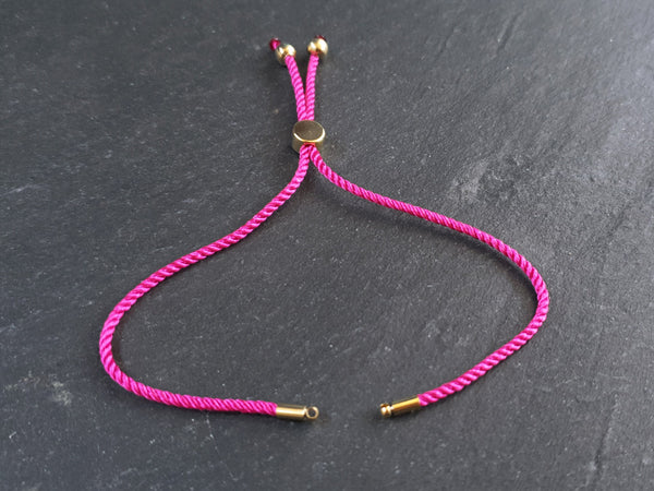 Hot Pink Adjustable Rope Slider Bolo Bracelet Blanks, 2mm Rope Cord Bracelets with Sliding Bead, Gold Findings, 1pc