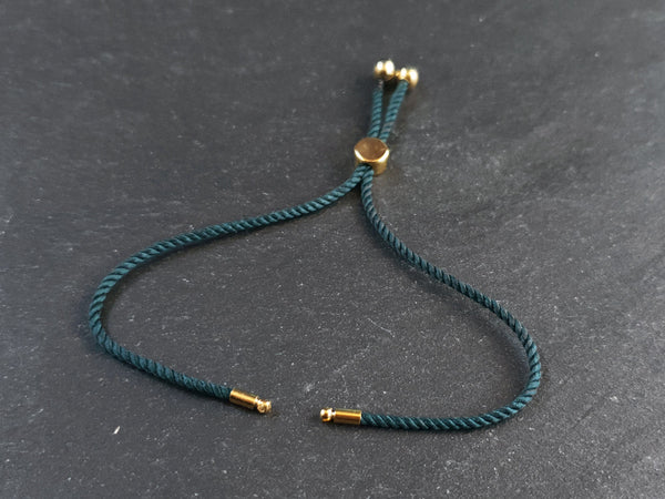 Peacock Green Adjustable Rope Slider Bolo Bracelet Blanks, 2mm Rope Cord Bracelets with Sliding Bead, Gold Findings, 1pc