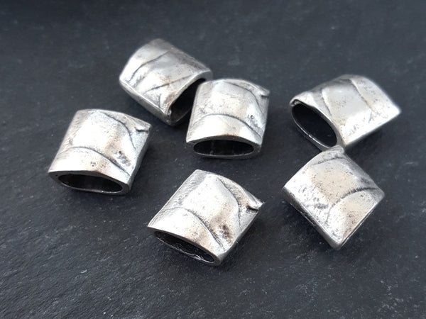 6 Large Organic Textured Slide Bead Slider Spacers, Tribal Ethnic Jewelry Making Beads, Matte Antique Silver Plated