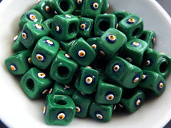 Glass Evil Eye Beads Emerald Green Square, Protective Turkish Nazar Amulet Talisman, Good Luck, Necklace Bead, 10mm, 3pc