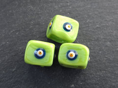 Lime Green Square Evil Eye Beads, Protective Turkish Nazar Amulet Talisman, Good Luck, Necklace Bead, 10mm, 3pc