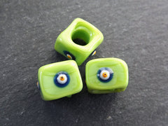 Lime Green Square Evil Eye Beads, Protective Turkish Nazar Amulet Talisman, Good Luck, Necklace Bead, 10mm, 3pc