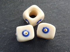 Cream Square Evil Eye Beads, Protective Turkish Nazar Amulet Talisman, Good Luck, Necklace Bead, 10mm, 3pc