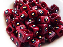 Crimson Red Square Evil Eye Beads, Protective Turkish Nazar Amulet Talisman, Good Luck, Necklace Bead, 10mm, 3pc