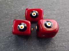 Crimson Red Square Evil Eye Beads, Protective Turkish Nazar Amulet Talisman, Good Luck, Necklace Bead, 10mm, 3pc