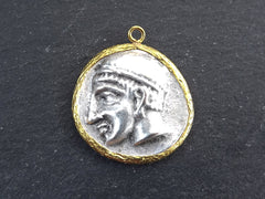 Greek Coin Pendant Gold Frame Bezel, Hermes Coin, Medallion Charm, Thrace Ainos Ancient Greek Coin, Shiny Gold, Antique Silver Plated