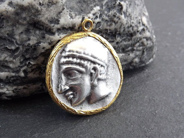 Greek Coin Pendant Gold Frame Bezel, Hermes Coin, Medallion Charm, Thrace Ainos Ancient Greek Coin, Shiny Gold, Antique Silver Plated