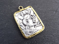 Hindu God Coin Spiritual Pendant, Gold Frame Bezel, Brahma Medallion Pendant, Shiny Gold & Antique Silver Plated