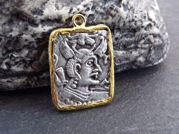 Hindu God Coin Spiritual Pendant, Gold Frame Bezel, Brahma Medallion Pendant, Shiny Gold & Antique Silver Plated