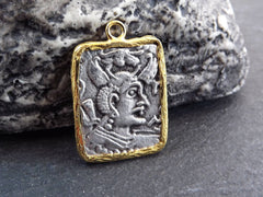 Hindu God Coin Spiritual Pendant, Gold Frame Bezel, Brahma Medallion Pendant, Shiny Gold & Antique Silver Plated