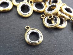 2 Ancient Hole Coin Pendant Gold Frame Bezel, Medallion Charms, Hoop Coin Pendant, Rustic Hole Coin, Shiny Gold, Antique Silver Plated