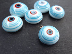 Glass Evil Eye Charm Pendant, Pale Blue White Round Spiral Evil Eye, Lampwork, Amulet, Protective, Lucky, Handmade, 1pc, 16mm