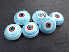 Glass Evil Eye Charm Pendant, Pale Blue White Round Spiral Evil Eye, Lampwork, Amulet, Protective, Lucky, Handmade, 1pc, 16mm