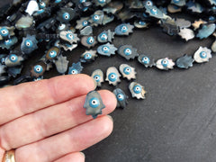 6 Mother of Pearl Evil Eye Hamsa Hand Beads, Natural Black MOP Bead, Enamel Evil Eye Bead, Nazar Protective Symbol Talisman Jewelry, 15x12mm
