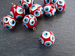 Glass Evil Eye Charm Pendant, Red Round Ball Evil Eye, Lampwork Murano, Amulet, Protective, Lucky, Handmade, 1pc