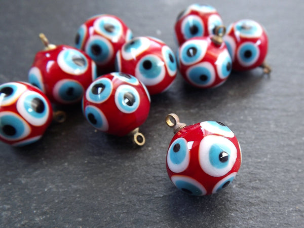 Glass Evil Eye Charm Pendant, Red Round Ball Evil Eye, Lampwork Murano, Amulet, Protective, Lucky, Handmade, 1pc