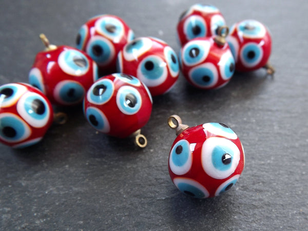 Glass Evil Eye Charm Pendant, Red Round Ball Evil Eye, Lampwork Murano, Amulet, Protective