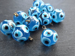 Glass Evil Eye Charm Pendant, Blue Round Ball Evil Eye, Round Ball Lampwork Murano, Amulet, Protective, Lucky, Handmade, 1pc