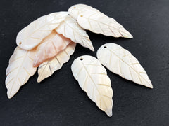 Large Leaf Pendant Carved Mother of Pearl, White MOP Feather Carving, MOP Beads, Front Drilled, Jewelry making supplies, 75x35mm, 2pcs