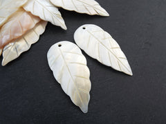 Large Leaf Pendant Carved Mother of Pearl, White MOP Feather Carving, MOP Beads, Front Drilled, Jewelry making supplies, 75x35mm, 2pcs