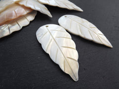 Large Leaf Pendant Carved Mother of Pearl, White MOP Feather Carving, MOP Beads, Front Drilled, Jewelry making supplies, 75x35mm, 2pcs