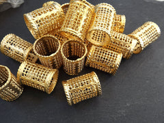 Large Gold Tube Bead, Circle Lace Tube Spacer, Filigree Bead, Focal Bead Pendant, 32 x 25 mm - 22k Matte Gold Plated
