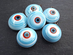 Glass Evil Eye Charm Pendant, Pale Blue White Round Spiral Evil Eye, Lampwork, Amulet, Protective, Lucky, Handmade, 1pc, 16mm