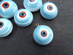 Glass Evil Eye Charm Pendant, Pale Blue White Round Spiral Evil Eye, Lampwork, Amulet, Protective, Lucky, Handmade, 1pc, 16mm