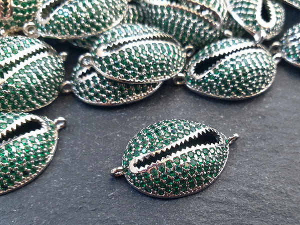 Cowrie Shell Connector Charms, Emerald Green Silver Rhinestone Shell Charms, Micro Pave Cowrie Shell, Puka Shell, Bracelet Charm