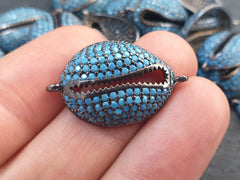 Cowrie Shell Connector Charms, Turquoise Blue Gunmetal Rhinestone Shell Charms, Micro Pave Cowrie Shell, Puka Shell, Bracelet Charm