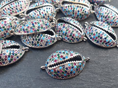 Cowrie Shell Connector Charms, Multi Color Rainbow Silver Rhinestone Shell Charms, Micro Pave Cowrie Shell, Puka Shell, Bracelet Charm