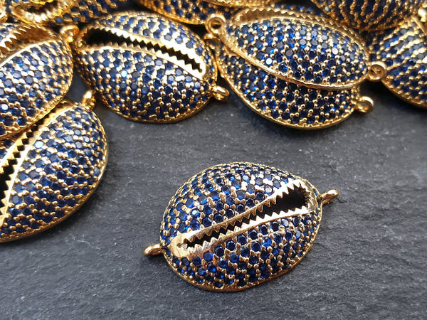 Cowrie Shell Connector Charms, Navy Blue Rhinestone Shell Gold Charms, Micro Pave Cowrie Shell, Puka Shell, Bracelet Charm