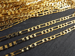 Shiny Gold Figaro Curb Chain, Pressed Flat Thin, Small Link Large Link Jewelry Making Chain, Tarnish Resistant, 22k Gold Plated, 1 Meter