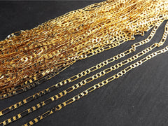 Shiny Gold Figaro Curb Chain, Pressed Flat Thin, Small Link Large Link Jewelry Making Chain, Tarnish Resistant, 22k Gold Plated, 1 Meter